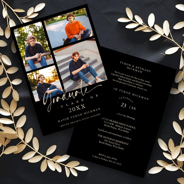 Graduate Modern Black Trendy Collage 4 Photos  Einladung (Black Trendy Collage 4 Photos Modern Graduate Invitation Card for Ceremony and Party. )