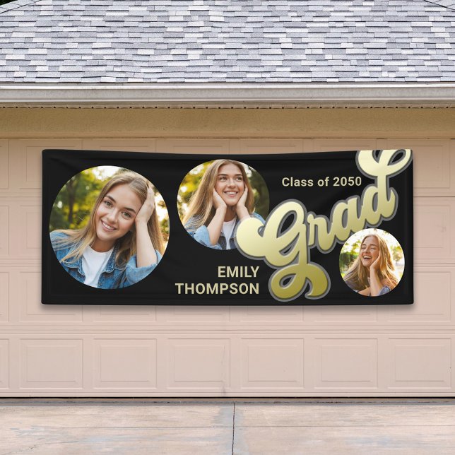 Graduate Modern Foto Black and Gold Typografy Banner (Graduation gold typography multi-photo banner. )