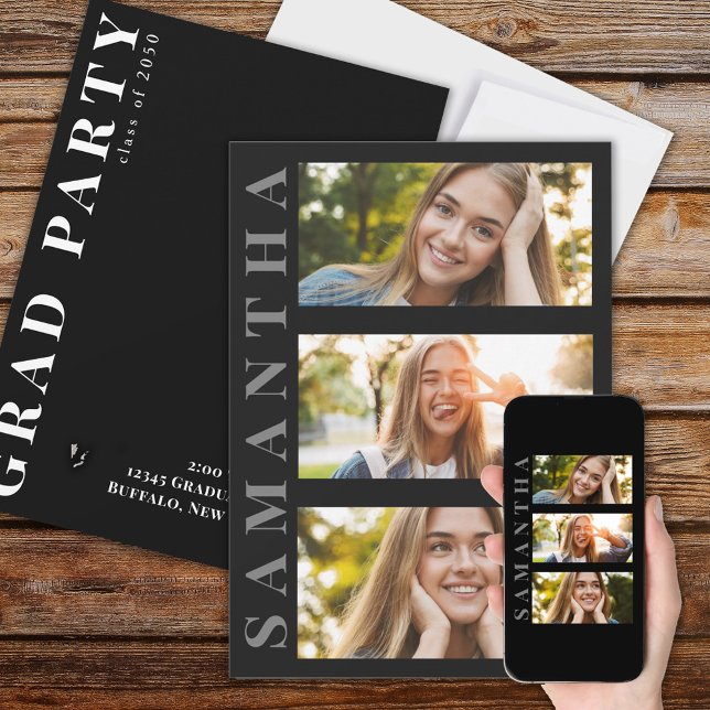 Graduate Modern Minimalistisch Simple Three Foto Einladung (Von Creator hochgeladen)