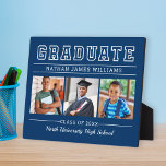 Graduate Modern Navy Blue 3 Foto Abschluss Fotoplatte<br><div class="desc">Das klassische Schild mit 3 Foto-Abschluss-Plakatwand mit einfacher Schrift zeigt Graduate in fettgedruckter Serifenschrift mit modernem,  benutzerdefiniertem Text,  der vollständig an den Namen,  das Klassenzimmer und den Schulnamen des Absolventen angepasst werden kann. Fügen Sie drei Lieblingsbilder des Absolventen den Quadrat-Platzhalterbildern hinzu. Die Farbe des dunkelblauen Hintergrunds kann geändert werden.</div>