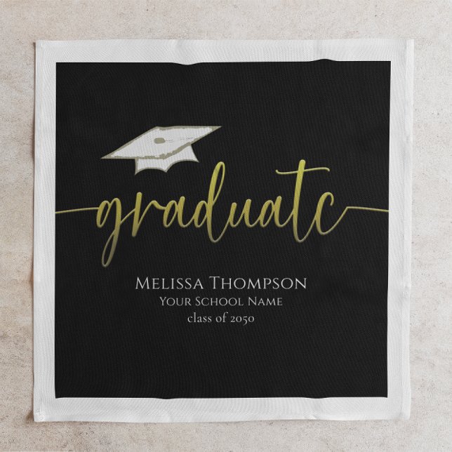 Graduate Modern Simple Gold Graduation Cap Serviette (Black and gold graduation cocktail napkin with cap icon and custom Class of year.)