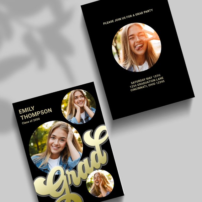 Graduate Modern stilvoll Retro Gold Foto Collage Einladung (Grad graduate gold typography photo card template. with a four-photo template. )