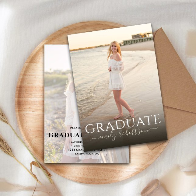 Graduate Modernes Minimalistisches Fotomaterial Ei Ankündigung (Elegant and simple graduate typography 2 photo template announcement. )