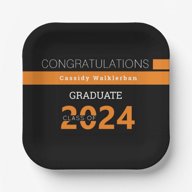 Graduate Name Black Orange Abschluss Pappteller (Vorderseite)