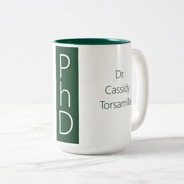 Graduate Name Green Degree PhD Zweifarbige Tasse (VorderseiteRechts)
