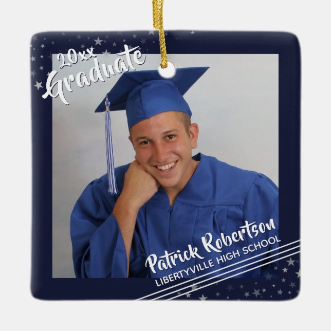 Graduate Navy Blue and White Stars Zwei-Foto Keramikornament (Vorderseite)