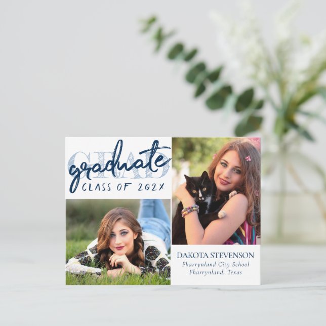 Graduate Navy Script | Dunkelblau 2 Foto Keepake Postkarte (Stehend Vorderseite)