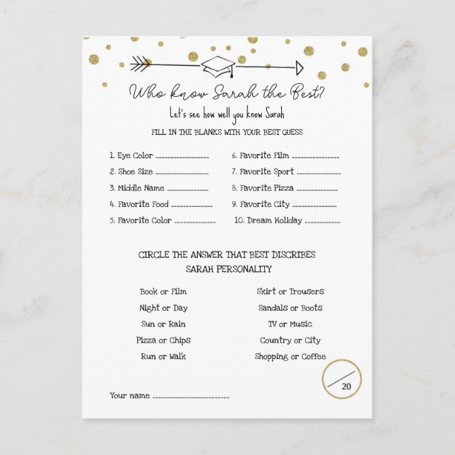 Graduate Party Game, Know the Graduate Game, Postkarte (Vorderseite)