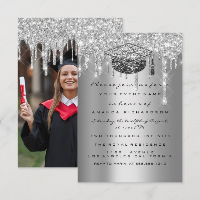 Graduate Party Glitzer Silver Gray Tropfen Gold Fo Einladung (Vorne/Hinten)