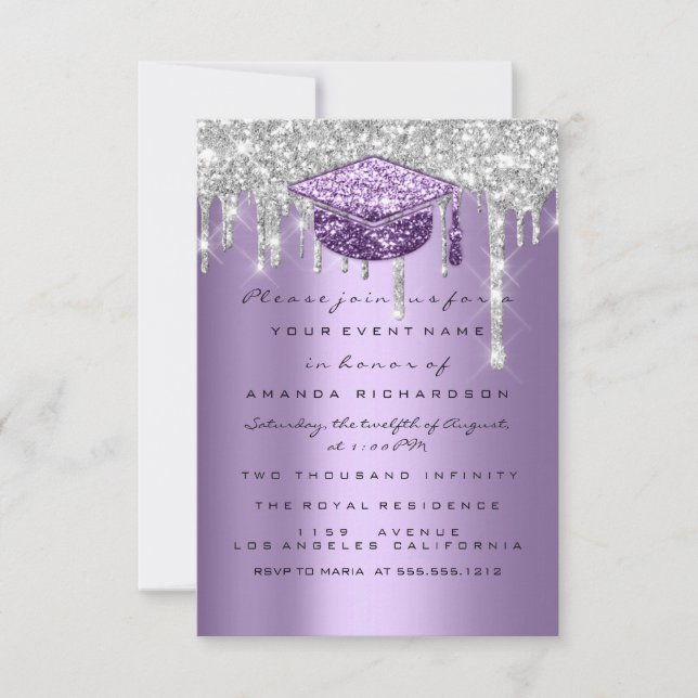 Graduate Party Glitzer Silver Gray Tropfen Lila Einladung (Vorderseite)