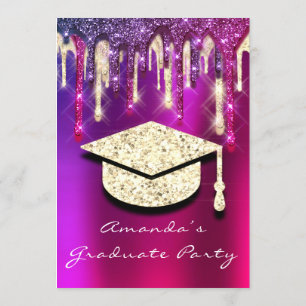 Graduate Party Gold Cap Glitzer Holograph PINK 3D Einladung