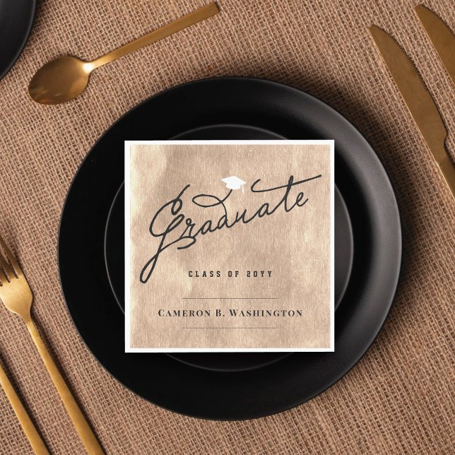 Graduate Party Paper von Chic Copper Foil Serviette (Stylish Graduate Script Copper Foil Modern Graduation Party Paper Napkin @ zazzle.com/color_therapy)
