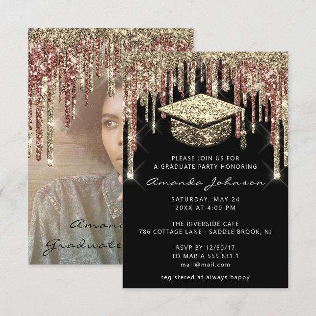 Graduate Party Tropfen Glitzer Foto Black Gold Ros Einladung (Vorne/Hinten)