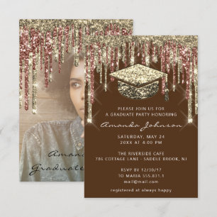 Graduate Party Tropfen Glitzer Foto Brown Gold Einladung