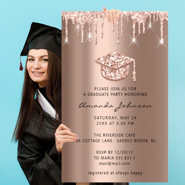 Graduate Party Tropfen Rose Gold Cap 3D Blush Einladung (Graduate Party Drips Rose Gold Cap 3D Blush Invitation)