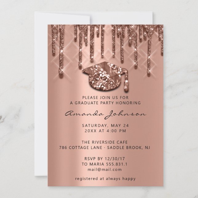 Graduate Party Tropfen Rose Gold Cap 3D-Effekt Gla Einladung (Vorderseite)