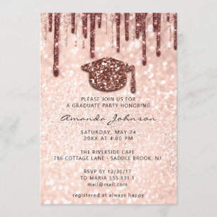 Graduate Party Tropfen Rose Gold Cap 3D Glitzer Einladung