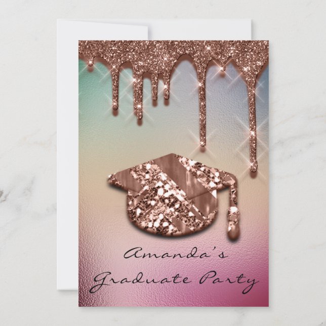 Graduate Party Tropfen Rose Gold Cap 3D Holografie Einladung (Rückseite)