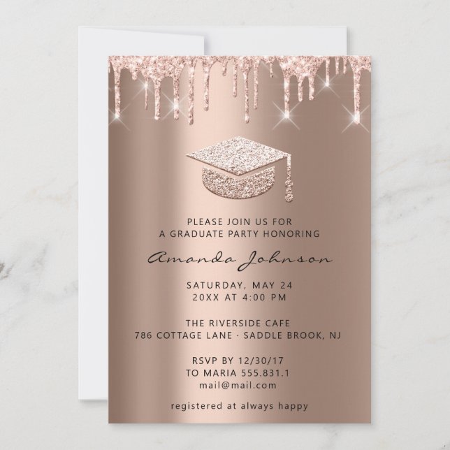Graduate Party Tropfen Rose Gold Cap Einladung (Vorderseite)