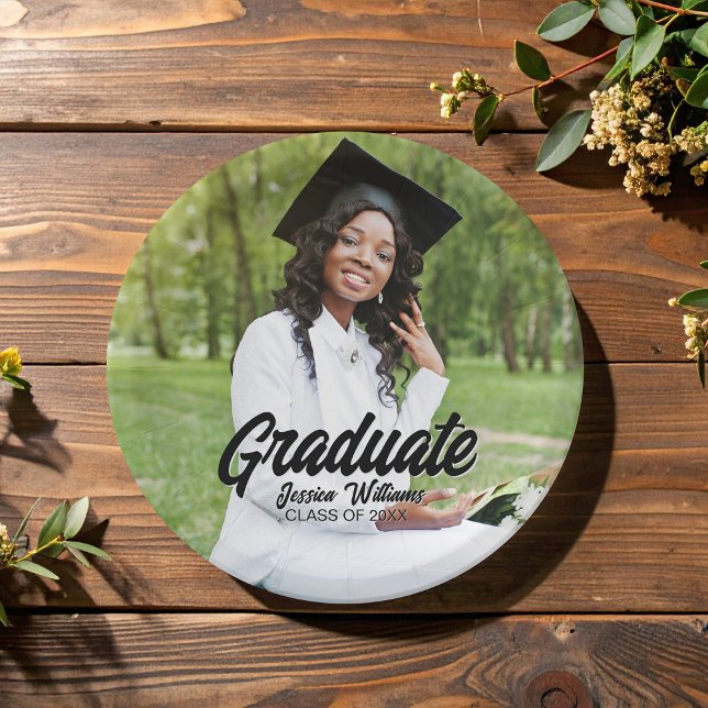 Graduate Photo Bold Black Script Graduation Party Pappteller (Von Creator hochgeladen)