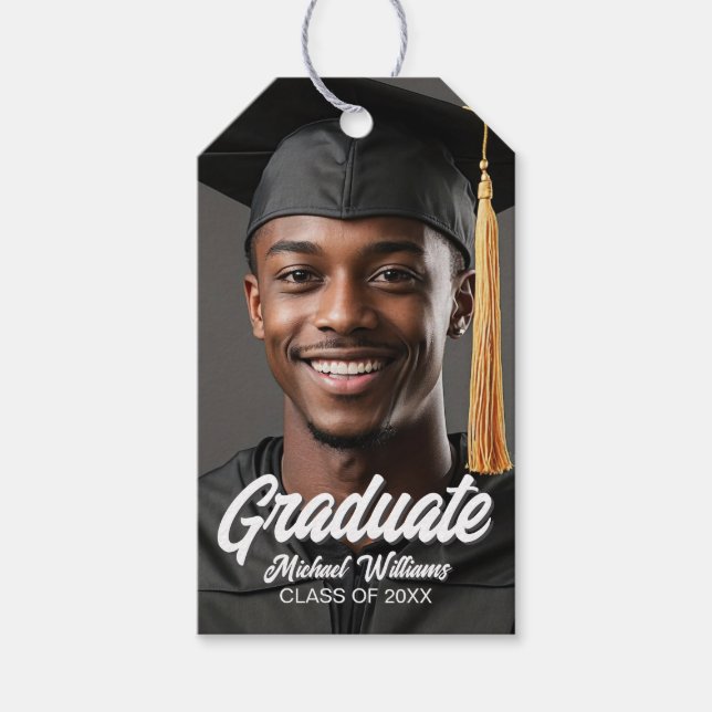 Graduate Photo Bold Script Graduation Party Geschenkanhänger (Vorderseite)