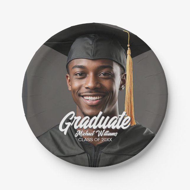 Graduate Photo Bold Script Graduation Party Pappteller (Vorderseite)