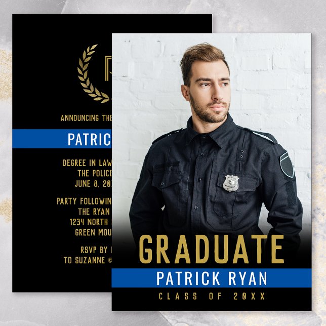 Graduate Police Thin Blue Line Gold Back Foto Ankündigung (Police Blue Line Graduation Announcement Party Invitation)