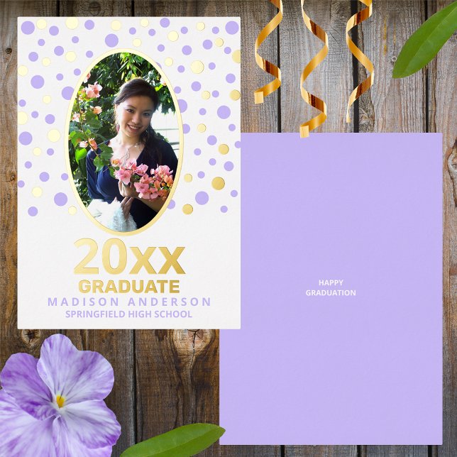 Graduate Polka Dot Oval Foto Lila Gold Folieneinladung (Von Creator hochgeladen)
