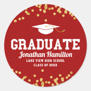 Graduate Red Gold Confetti Abschluss Runder Aufkleber