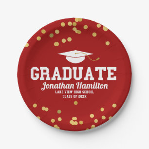 Graduate Red Gold Confetti Graduation Party Pappteller