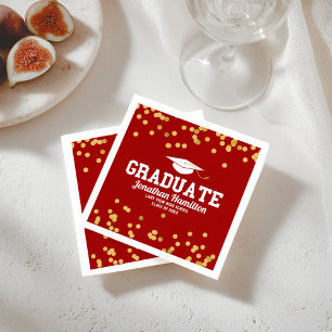 Graduate Red Gold Confetti Graduation Party Serviette