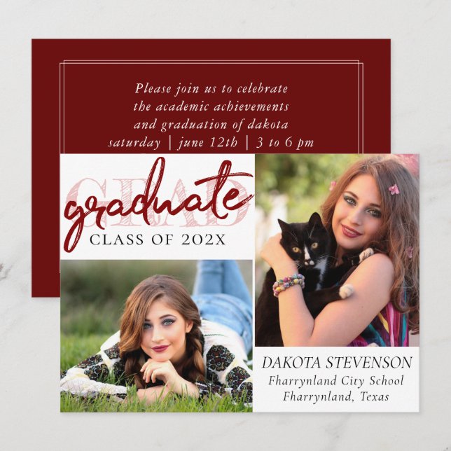 Graduate Red Script | Crimson 2 Foto Keepake Einladung (Vorne/Hinten)