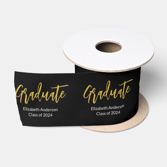 Graduate Schwarz-weiß Gold Grad Name Class of 2024 Satinband (Spule)