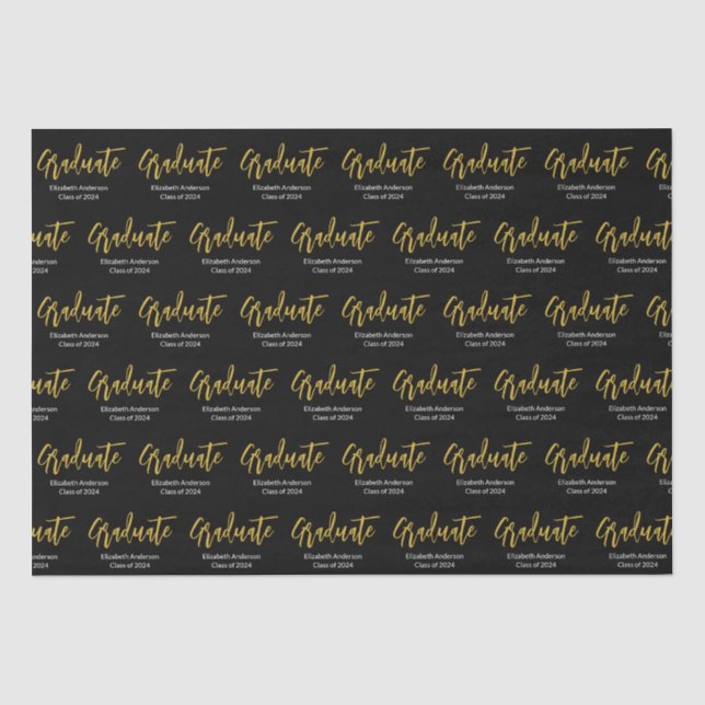 Graduate Schwarz-weiß Gold Grad Name Class of 2024 Seidenpapier (Vorderseite)