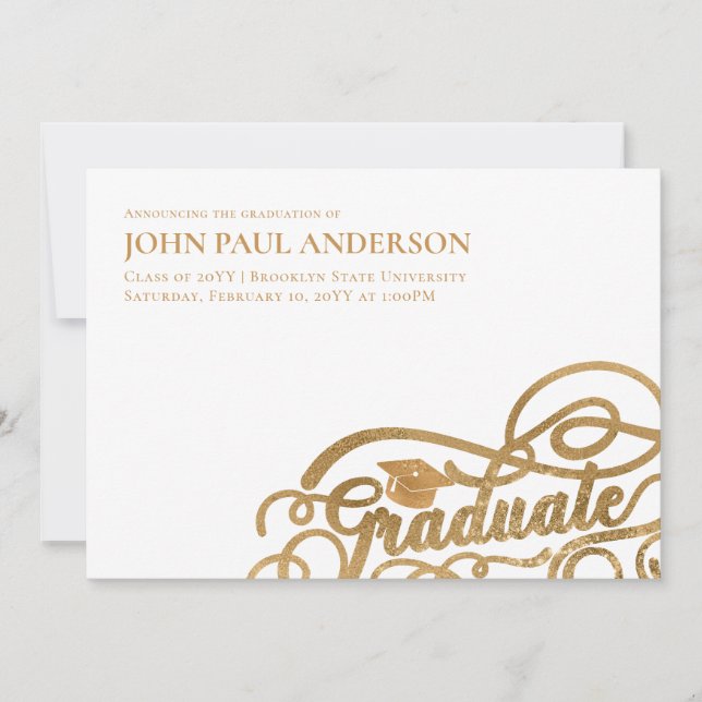 Graduate Script Abschluss Grad Cap White Gold Ankündigung (Vorderseite)