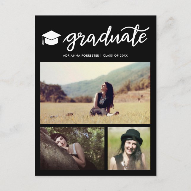 Graduate Script Black Abschluss Foto Collage Einladungspostkarte (Vorderseite)