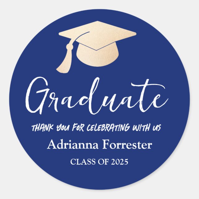 Graduate Script | | Danke Navy Blue Runder Aufkleber (Vorderseite)