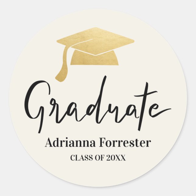Graduate Script | Grad Hat Gold Foil | Modern Runder Aufkleber (Vorderseite)