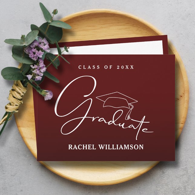 Graduate Script Maroon Vielen Dank Mitteilungskarte (Graduate in white script calligraphy on maroon flat thank you note cards with message on the back)
