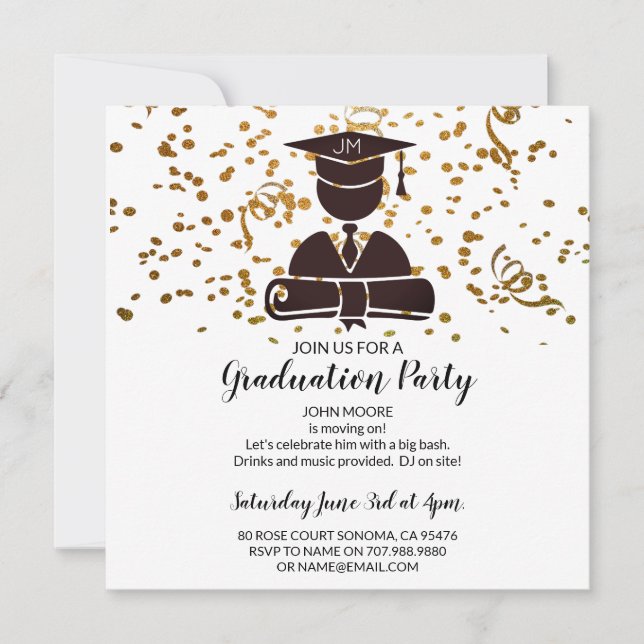 Graduate Silhouette Diplom & Cap Confetti Einladung (Vorderseite)