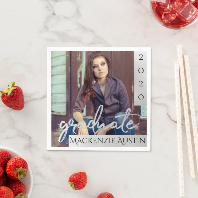 Graduate Silver Script | Brush Grad Foto Keepake Serviette (Beispiel)
