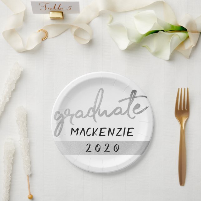 Graduate Silver Script | Trendy Imitats Metallic Pappteller (Hochzeit)