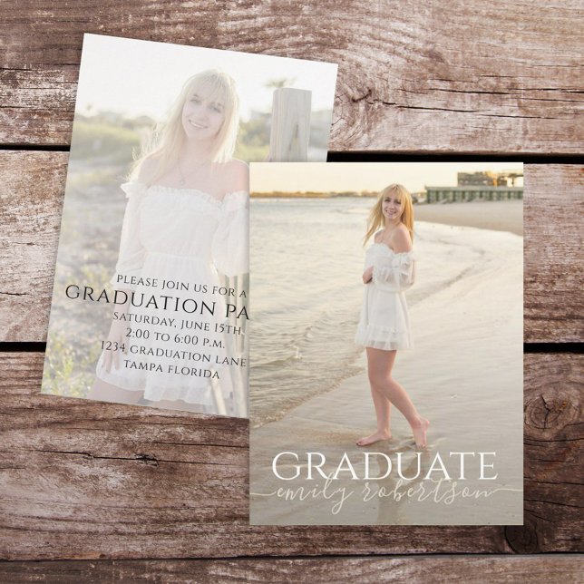 Graduate Simple Foto Template Stilvoll Minimalisti Einladung (Stylish minimalist graduation invitation with two-photo senior template.)