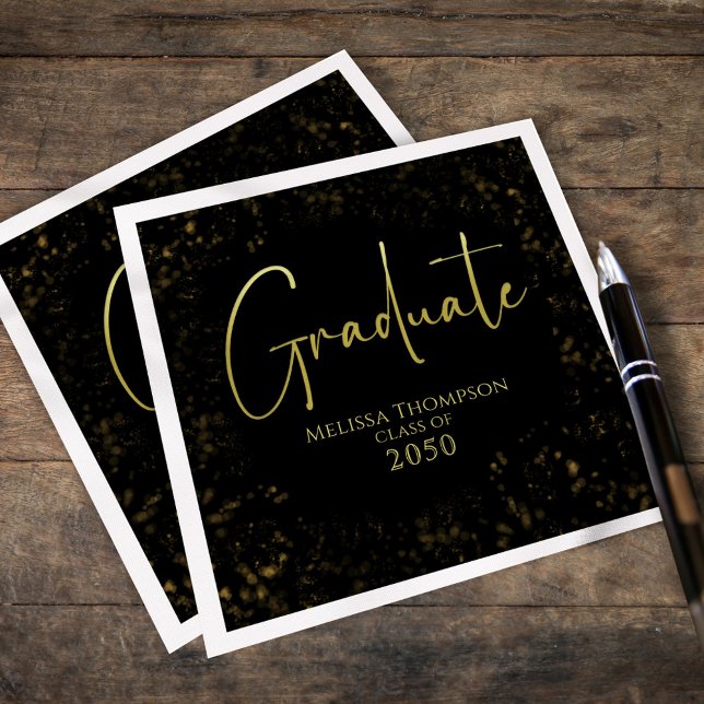 Graduate Simple Grad Black Gold Calligrafy Script Serviette (Black and gold graduate napkins with elegant script and custom Class of year design.)