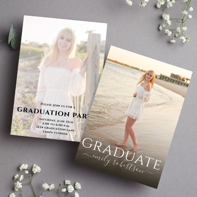 Graduate Simple Modern 2 Foto Template Minimalisti Einladung (Simple modern two photo graduation announcement with elegant minimalist typography.)