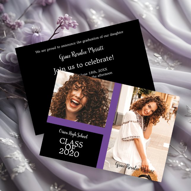Graduate Simple Two Fotos Abschluss in Lila (Graduate Simple Two Photos Graduation Invitation Card in Purple.)