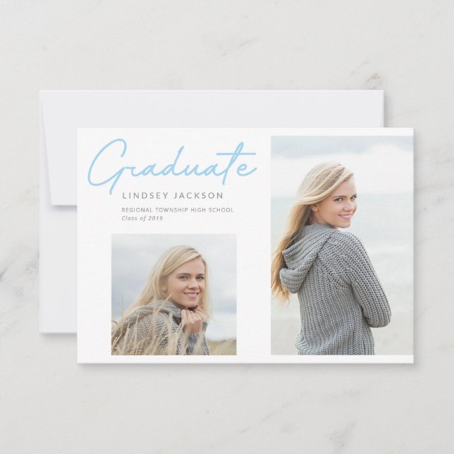 Graduate Stylish Blue Smooth Script 2-Foto Ankündigung (Vorderseite)