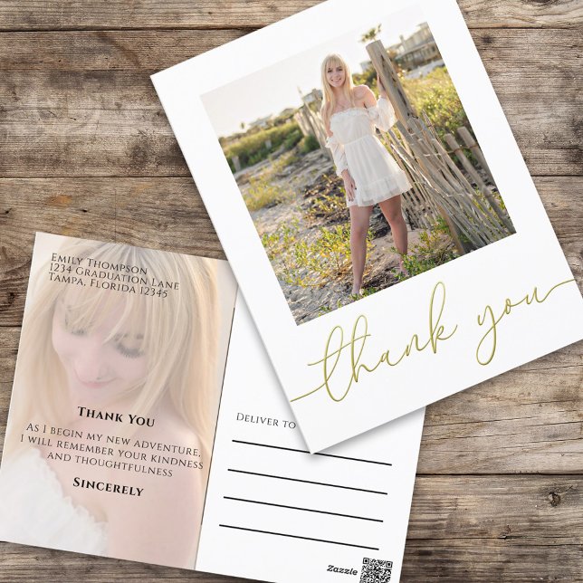 Graduate Stylish Gold Typografy Script Foto Postkarte (Elegant Graduation photo thank you a postcard with a 2 photo template. )