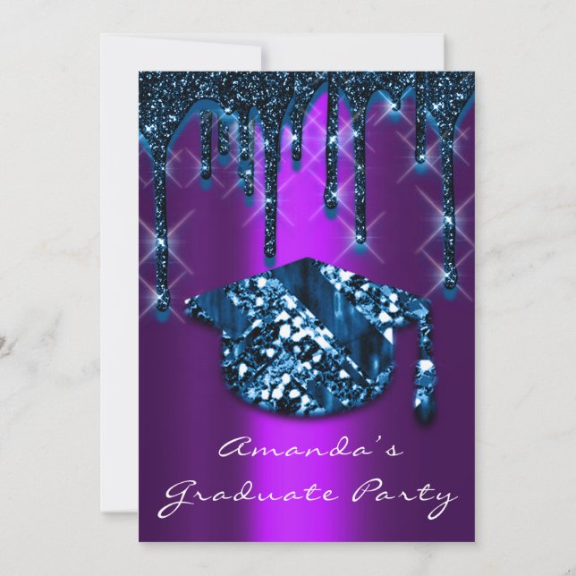 Graduate Tropfen Lila Navy Cap3D Effect Glam Party Einladung (Rückseite)