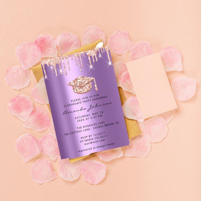 Graduate Tropfen Rose Gold Cap 3D Glam Lila Violet Einladung (Von Creator hochgeladen)